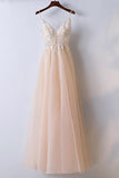 Spaghetti Straps V Neck Tulle Champagne Long Prom Dress PG597