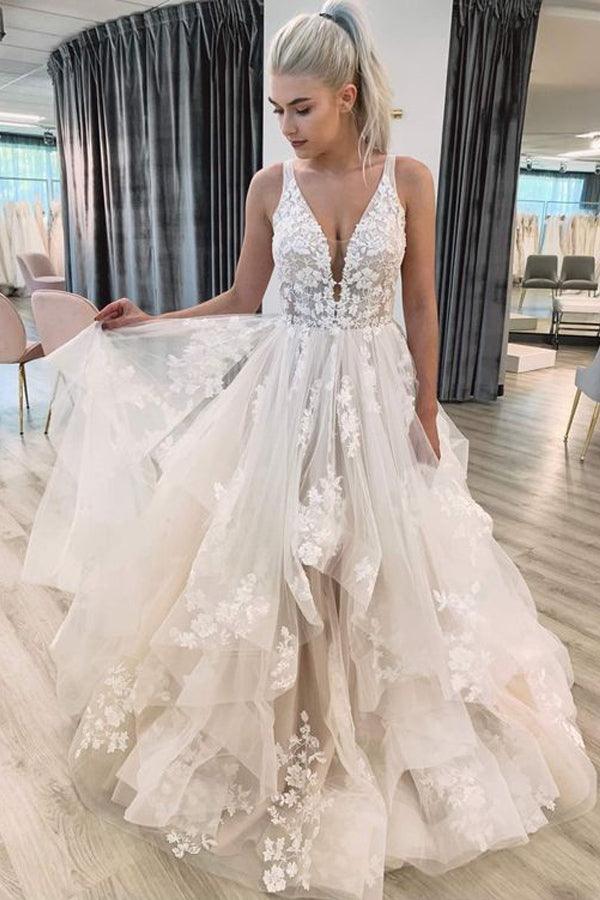 V Neckline Tired Tulle A-line Lace Wedding Dress Floor Length WD608 - Pgmdress