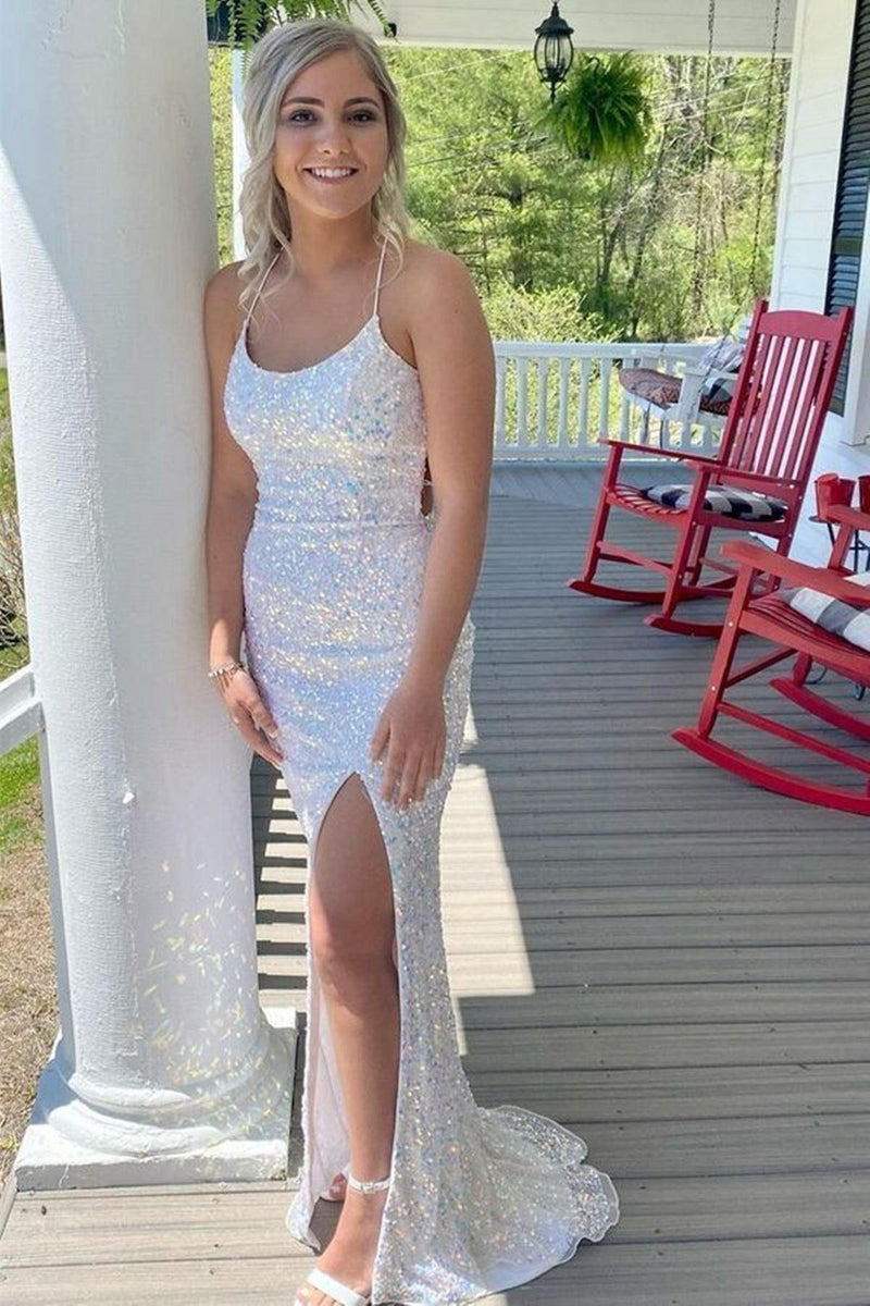 White Sequins Long Prom Dresses Backless Mermaid Formal Dress PSK357 - Pgmdress