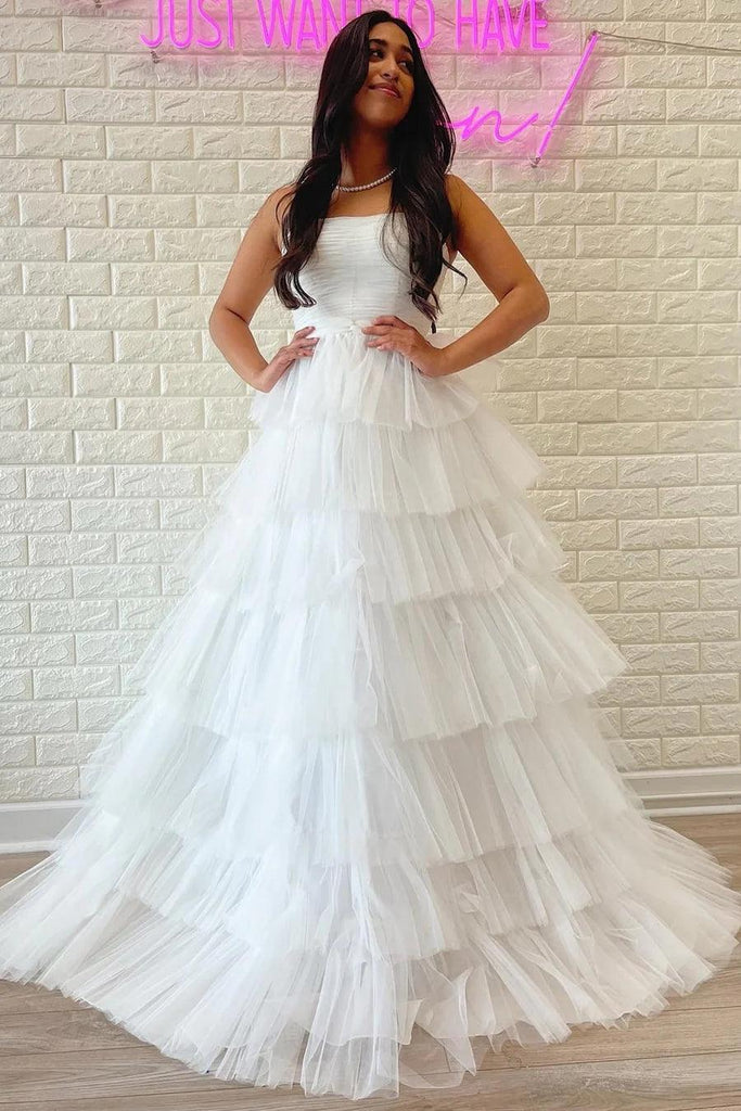 White Strapless Tiered A-Line Long Prom Dress with Ruffles PSK410 - Pgmdress