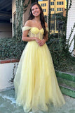 Robe de bal jaune en tulle à épaules dénudées et coupe trapèze, robe de soirée PSK376