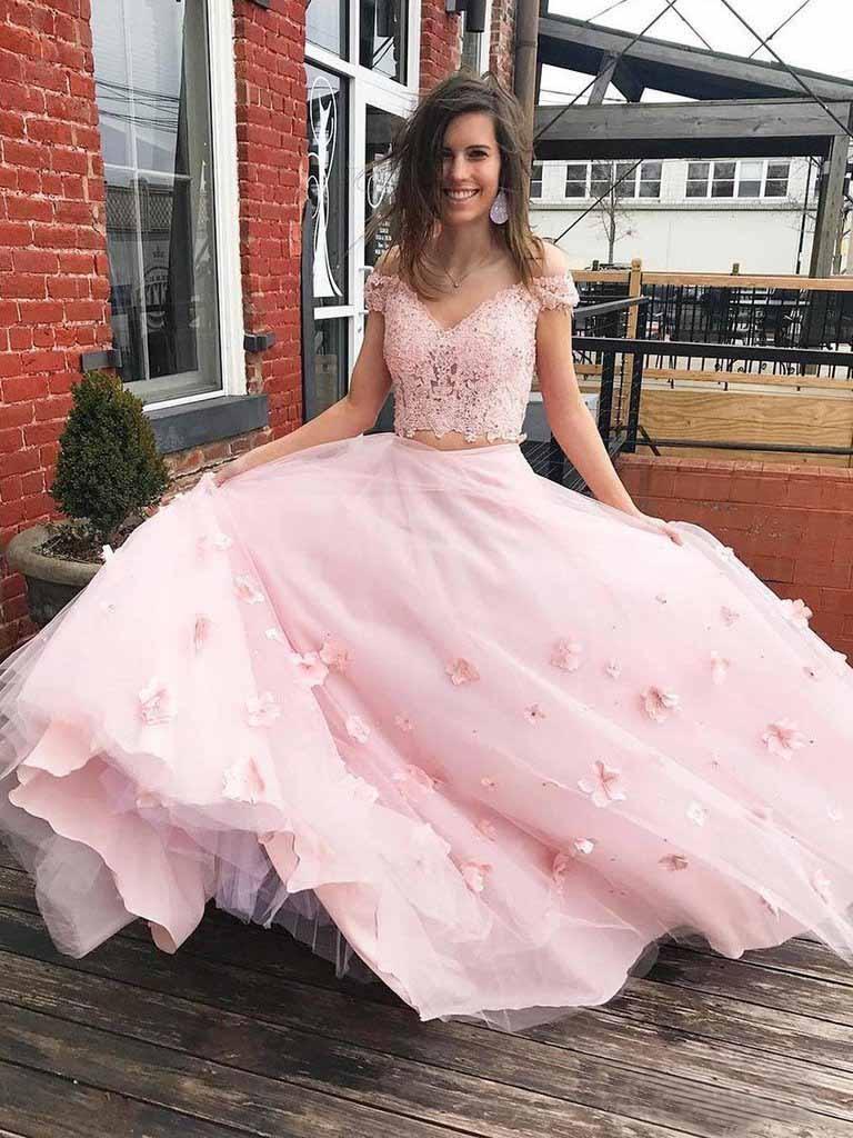 A-line 3D Flower Junior Prom Dresses Lace Two Piece Prom Gown PM214