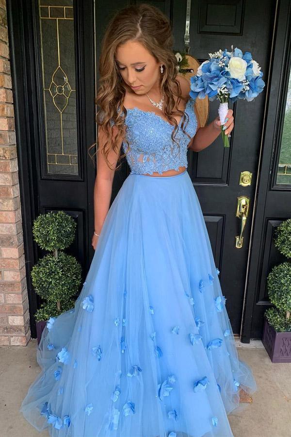A-line 3D Flower Junior Prom Dresses Lace Two Piece Prom Gown PM214 –  Pgmdress