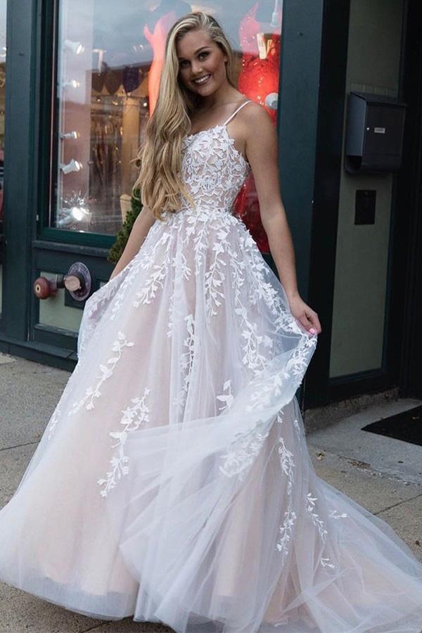 A Line Appliques Prom Dresses Spaghetti Straps Long Evening Dress US16 / White A Line Appliques Prom Dresses Spaghetti Straps Long Evening Dress US16 / White