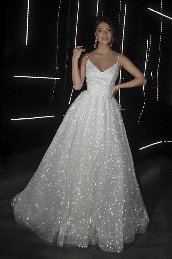 A Line Backless V Neck Sequins Ivory Beach Wedding Dress WD294 US12 / Custom Color A Line Backless V Neck Sequins Ivory Beach Wedding Dress WD294 US12 / Custom Color