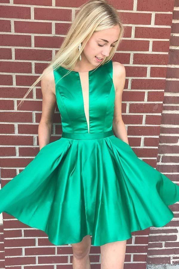 A-line Bateau Backless Knee Length Green Homecoming Dress with Pockets US8 / As Picture A-line Bateau Backless Knee Length Green Homecoming Dress with Pockets US8 / As Picture
