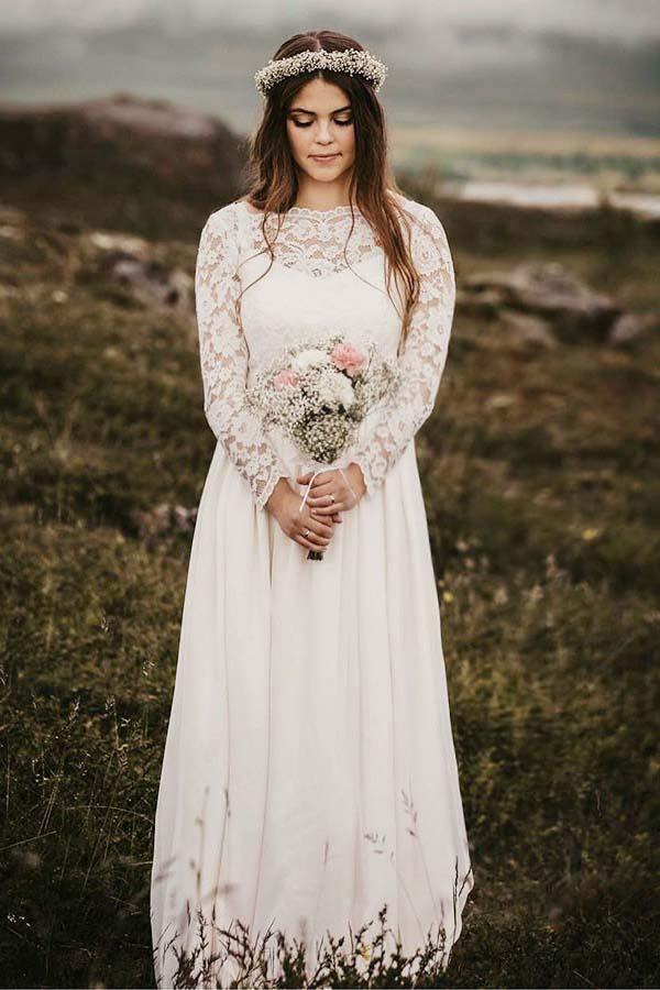 A-Line Bateau Floor Length Chiffon Wedding Dress with Long Sleeves WD319 - Pgmdress