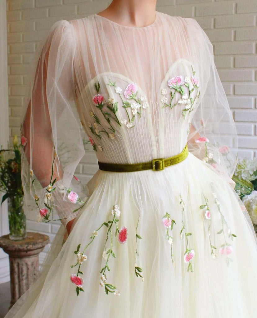 A-line Bateau Illusion Long Sleeves Tulle Prom Dress With Embroidery PSK148 - Pgmdress