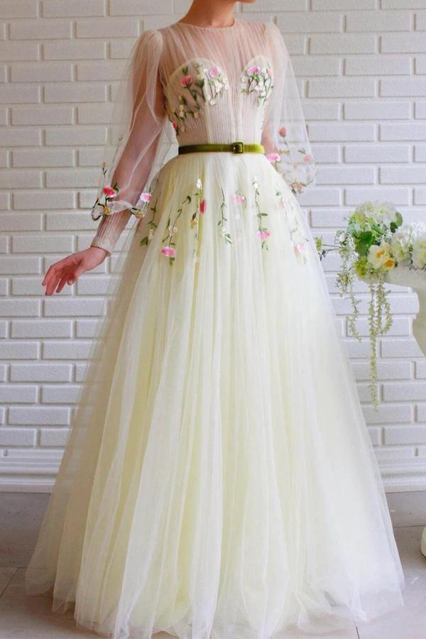 A-line Long Sleeves Tulle Yellow Prom Dress With Embroidery PSK148 US2 / Custom Color A-line Long Sleeves Tulle Yellow Prom Dress With Embroidery PSK148 US2 / Custom Color