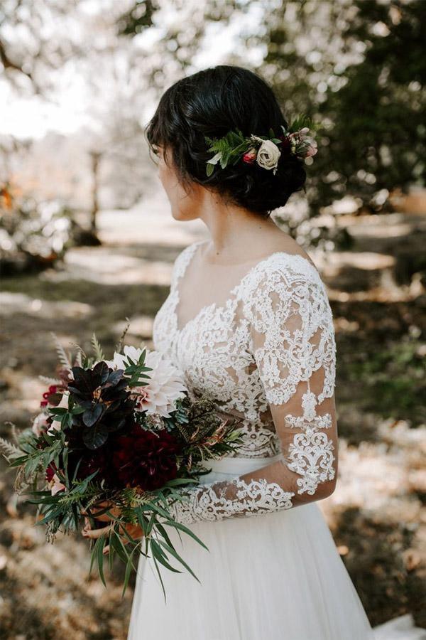 A Line Bateau Long Sleeve Rustic Lace Wedding Dresses Bridal Dress WD522 - Pgmdress