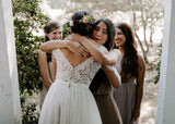 A Line Bateau Long Sleeve Rustic Lace Wedding Dresses Bridal Dress WD522 - Pgmdress