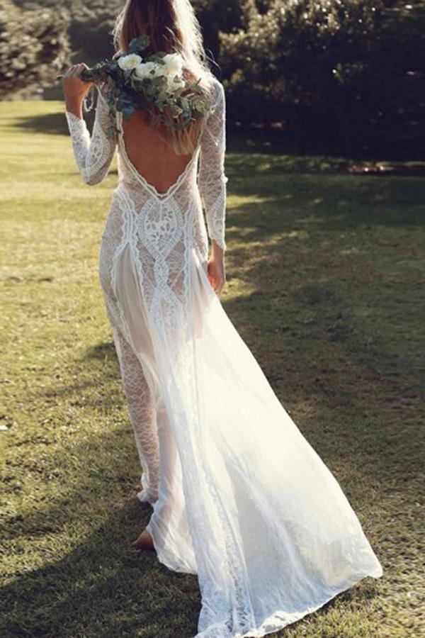 A-Line Bateau Long Sleeves Backless Chiffon Wedding Dress with Lace WD400 - Pgmdress