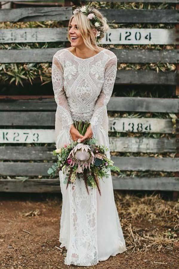 Sheath Bateau Long Sleeves Backless Bohemian Wedding Dress WD400 US16 / Ivory