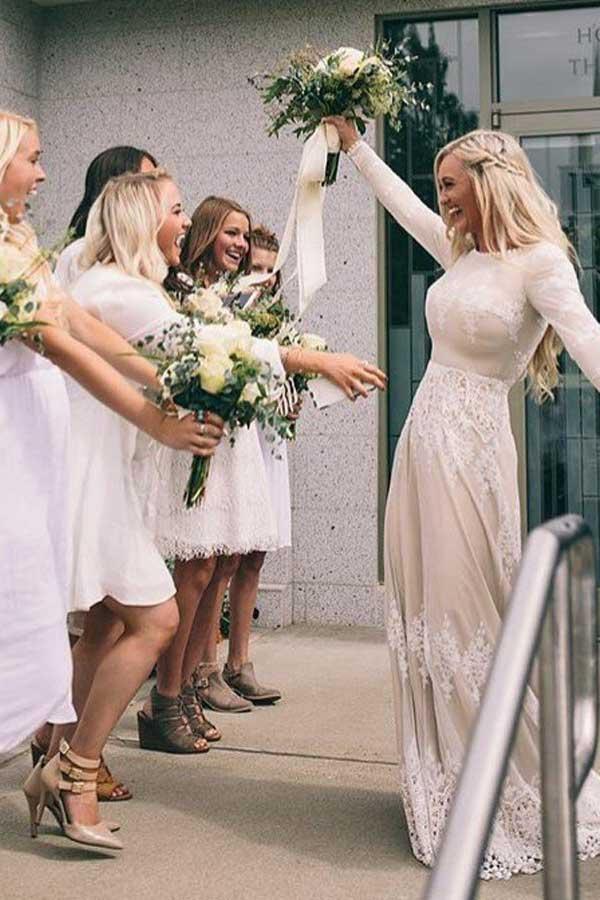 Sheath Bateau Long Sleeves Boho Wedding Dress with Appliques WD399 US8 / Ivory/Champagne