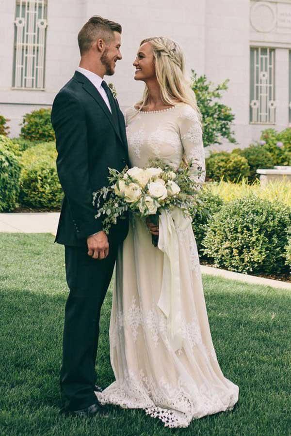A-Line Bateau Long Sleeves Ivory Tulle Wedding Dress with Appliques WD399 - Pgmdress
