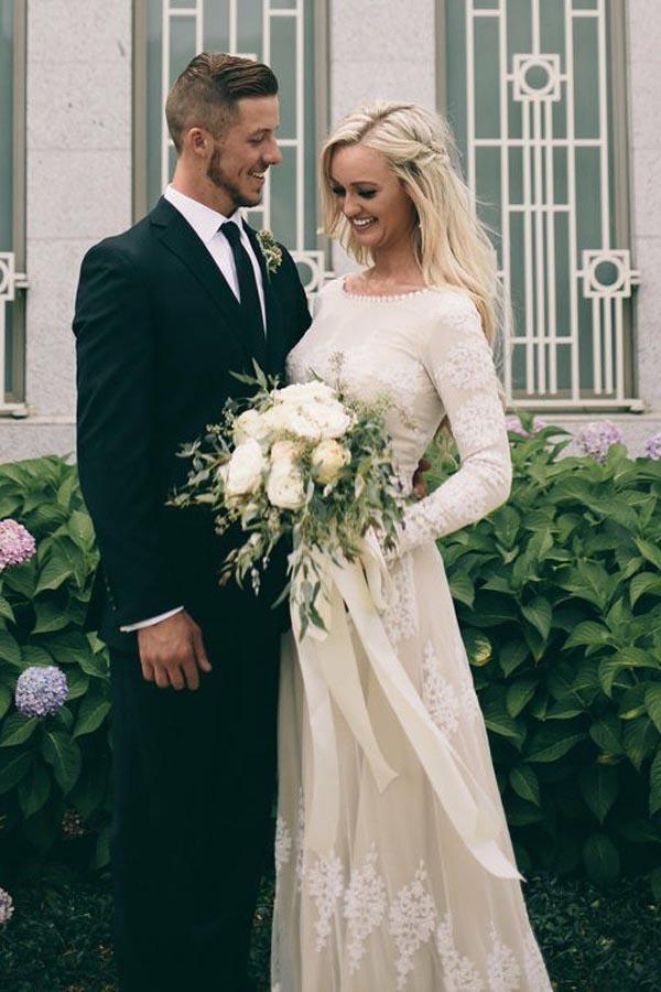 A-Line Bateau Long Sleeves Ivory Tulle Wedding Dress with Appliques WD399 - Pgmdress