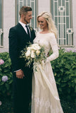 A-Line Bateau Long Sleeves Ivory Tulle Wedding Dress with Appliques WD399 - Pgmdress
