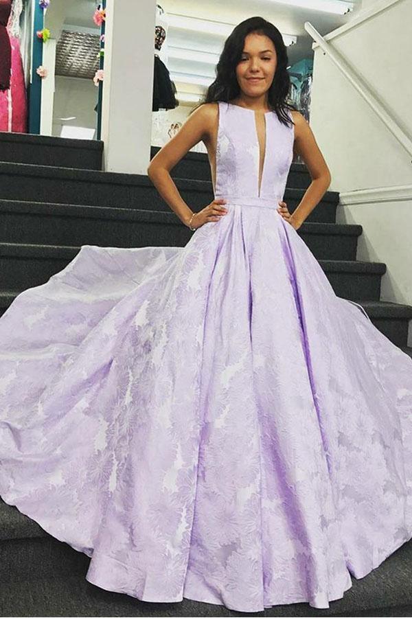 A-Line Bateau Sleeveless Sweep Train Lilac Floral Prom Dress PSK113 US16 / Lilac A-Line Bateau Sleeveless Sweep Train Lilac Floral Prom Dress PSK113 US16 / Lilac