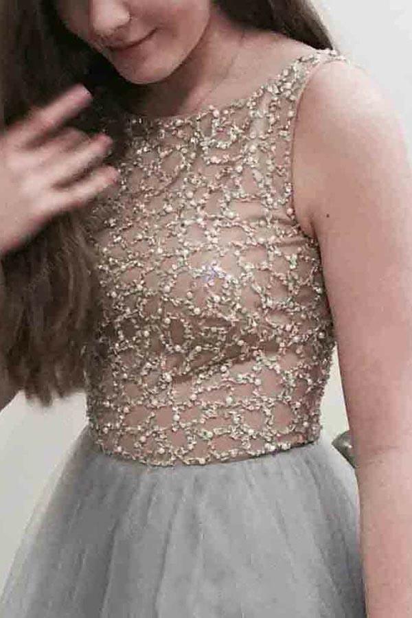 A-Line Bateau Sweep Train Grey Tulle Prom Dress with Appliques Beading PG905 - Pgmdress