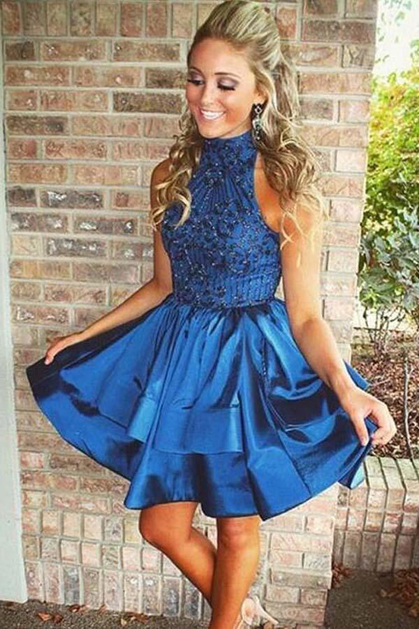 A-line Beaded Halter Neckline Satin Homecoming Dress Short Prom Dress PG166