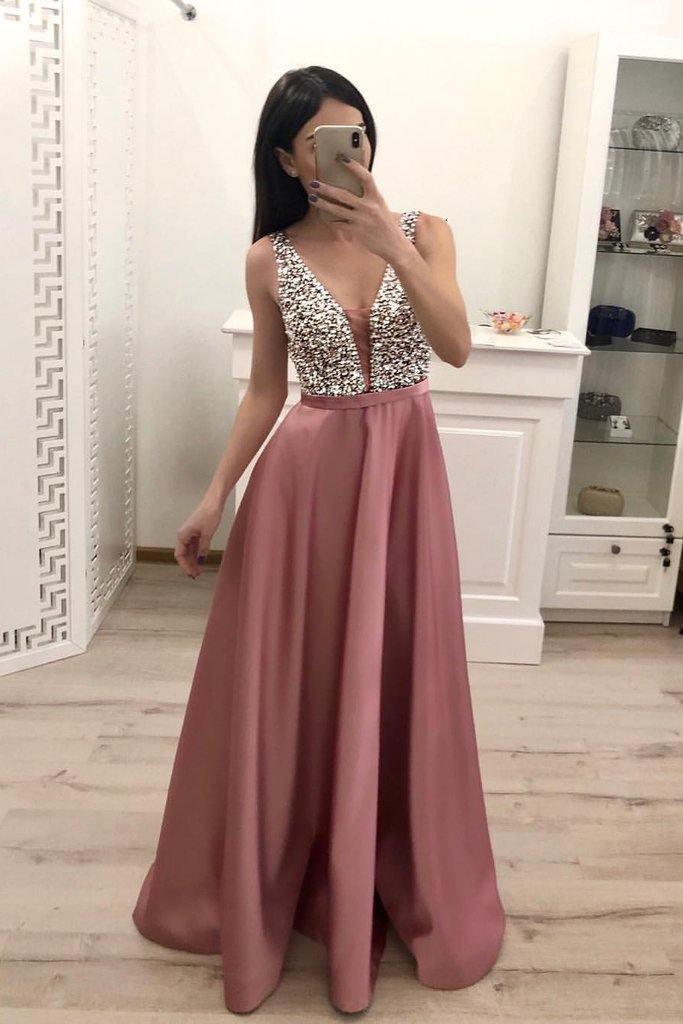 A Line Beading Satin Prom Dress V Neck Sleeveless Prom Dress PG872 US2 / Dusty Pink A Line Beading Satin Prom Dress V Neck Sleeveless Prom Dress PG872 US2 / Dusty Pink