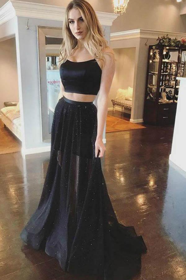 A-line Two Piece Spaghetti Straps Cross Back Black Prom Dress PG914 US2 / Black A-line Two Piece Spaghetti Straps Cross Back Black Prom Dress PG914 US2 / Black
