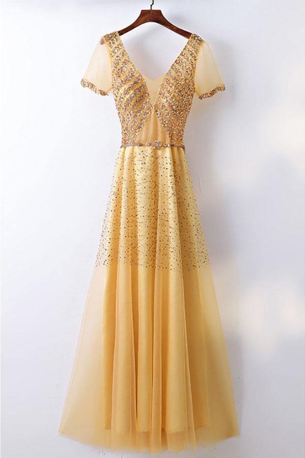 A-Line Bling Bling Sparkly Gold Long Prom Dress with Sleeves PG614 US14 / Custom Color A-Line Bling Bling Sparkly Gold Long Prom Dress with Sleeves PG614 US14 / Custom Color
