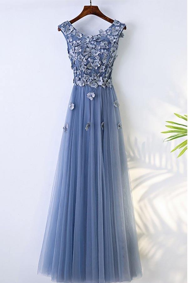 A-line Blue Flowy Prom Dress Long With Flower Petals Pgmdress A-line Blue Flowy Prom Dress Long With Flower Petals Pgmdress