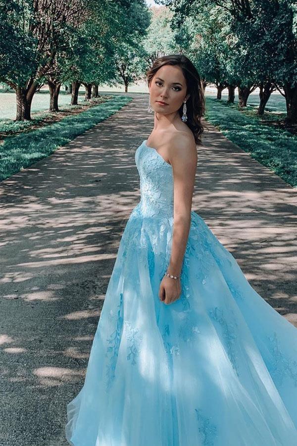 A-line Blue Lace Appliques Long Prom Dress Evening Dress PSK196 - Pgmdress