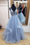 A-ligne bleu longues robes de bal col en V profond robes de soirée en tulle PG900