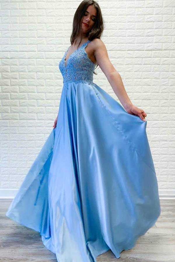 A-Line Blue Satin V-neck Lace Sleeveless Long Prom Dress PM228 - Pgmdress