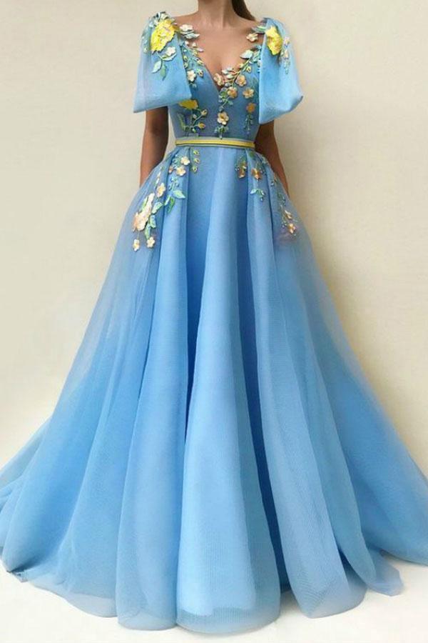 A Line Floor-length Embroidery Blue Prom Dress With Pockets PG985 Pgmdress A Line Floor-length Embroidery Blue Prom Dress With Pockets PG985 Pgmdress