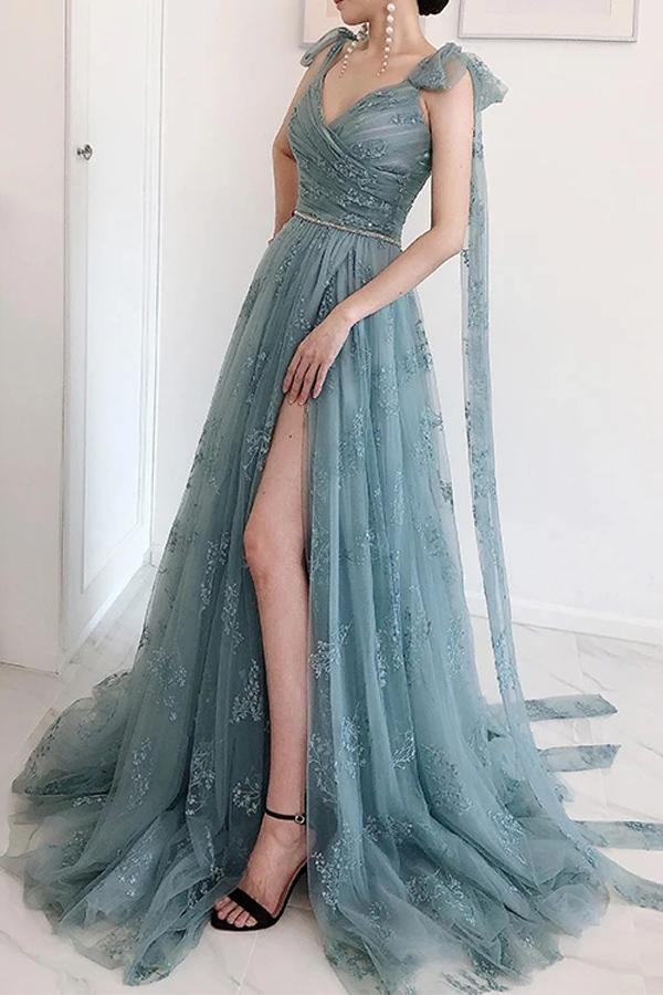 A-line Bow Tie Straps Party Dress Lace High Split Prom Dress PSK202 - Pgmdress