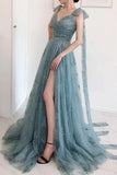 A-line Bow Tie Straps Party Dress Lace High Split Prom Dress PSK202 - Pgmdress