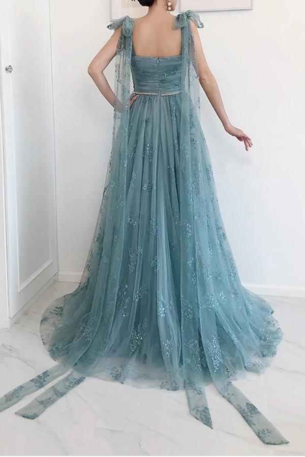 A-line Bow Tie Straps Party Dress Lace High Split Prom Dress PSK202 - Pgmdress