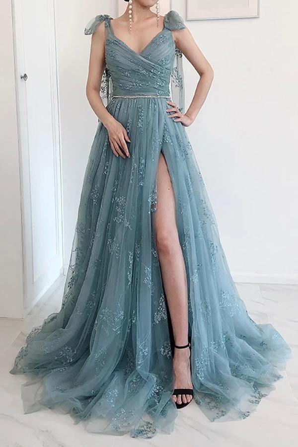 A-line Bow Tie Straps Party Dress Lace High Split Prom Dress PSK202 - Pgmdress