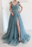 A-line Bow Tie Straps Party Dress Lace High Split Prom Dress PSK202 - Pgmdress