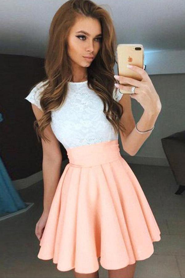 A-Line Cap Sleeves Short Pearl Pink Chiffon Homecoming Dress with Lace US14 / Orange