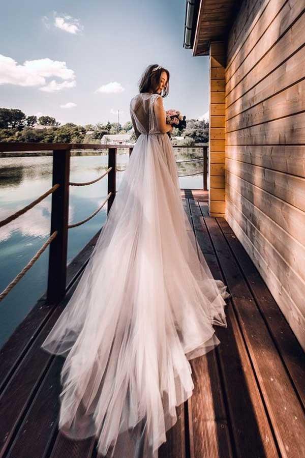 A-line Cap Sleeves Silver Long Tulle Beach Wedding Dress WD323 - Pgmdress