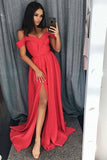 Robe de bal longue rouge à épaules dénudées et coupe trapèze avec fente PG616