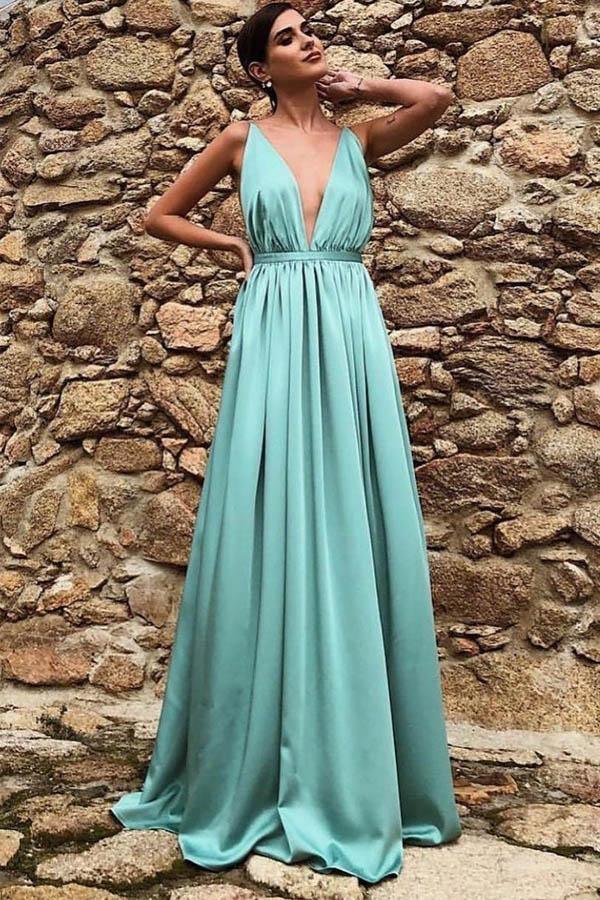 A Line Deep V Neck Backless Sweep Train Yellow Prom Dress PSK144 - Pgmdress