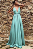 A Line Deep V Neck Backless Sweep Train Yellow Prom Dress PSK144 - Pgmdress
