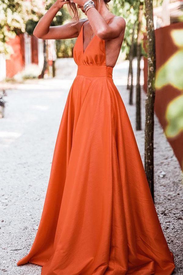 A Line Deep V Neck Backless Sweep Train Yellow Prom Dress PSK144 - Pgmdress