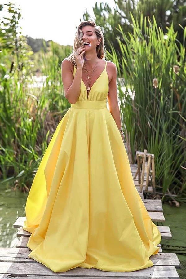 A Line Deep V Neck Backless Sweep Train Yellow Prom Dress – Pgmdress