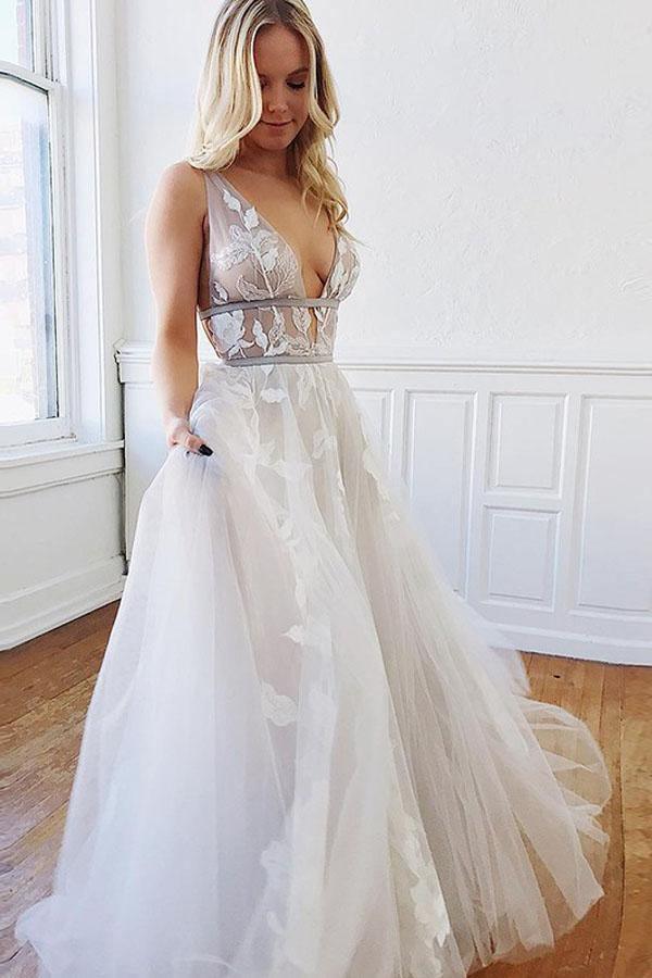 A Line Deep V-Neck Backless Beach Wedding Dress with Appliques WD446 US14 / White A Line Deep V-Neck Backless Beach Wedding Dress with Appliques WD446 US14 / White