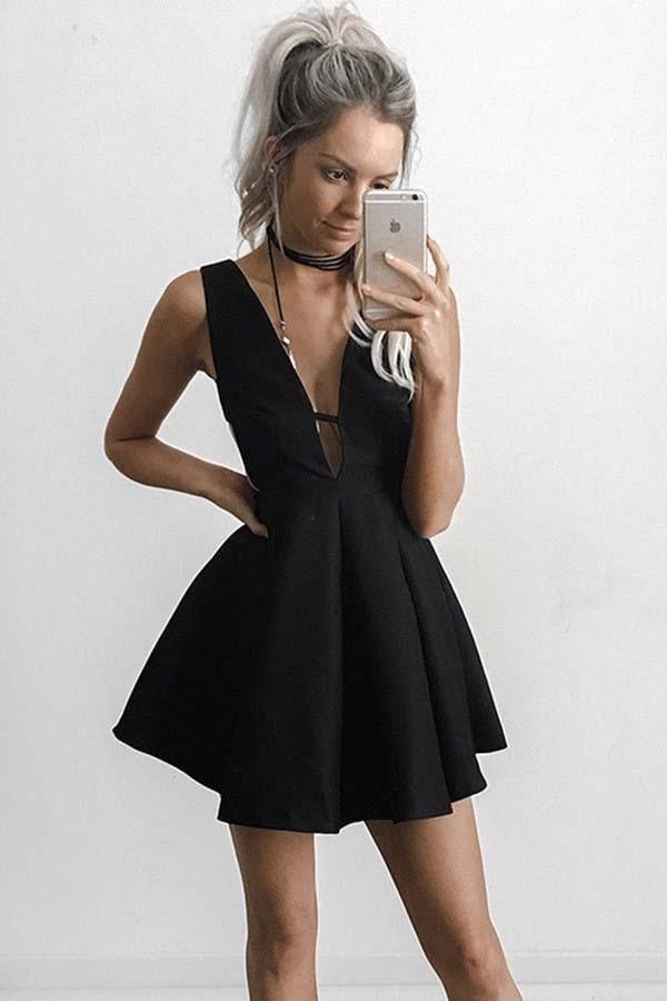 A-Line Deep V-Neck Short Cut Out Black Satin Homecoming Dress US8 / Black A-Line Deep V-Neck Short Cut Out Black Satin Homecoming Dress US8 / Black