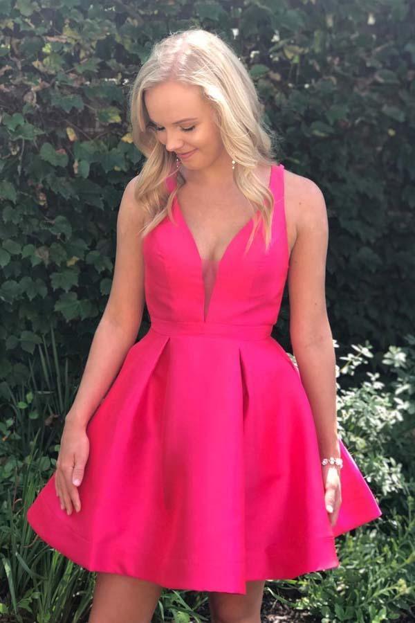 A-Line Deep V-Neck Straps Above-Knee Fuchsia Satin Homecoming Dress PD070 - Pgmdress