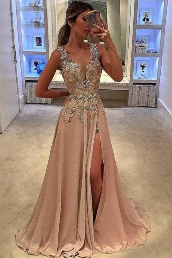 A-Line Deep V-Neck Floor Length Chiffon Prom Dress with Appliques US8 / Nude A-Line Deep V-Neck Floor Length Chiffon Prom Dress with Appliques US8 / Nude