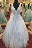 A-Line Deep V-Neck Sweep Train Pink Tulle Backless Prom Dress with Beading PG878 - Pgmdress