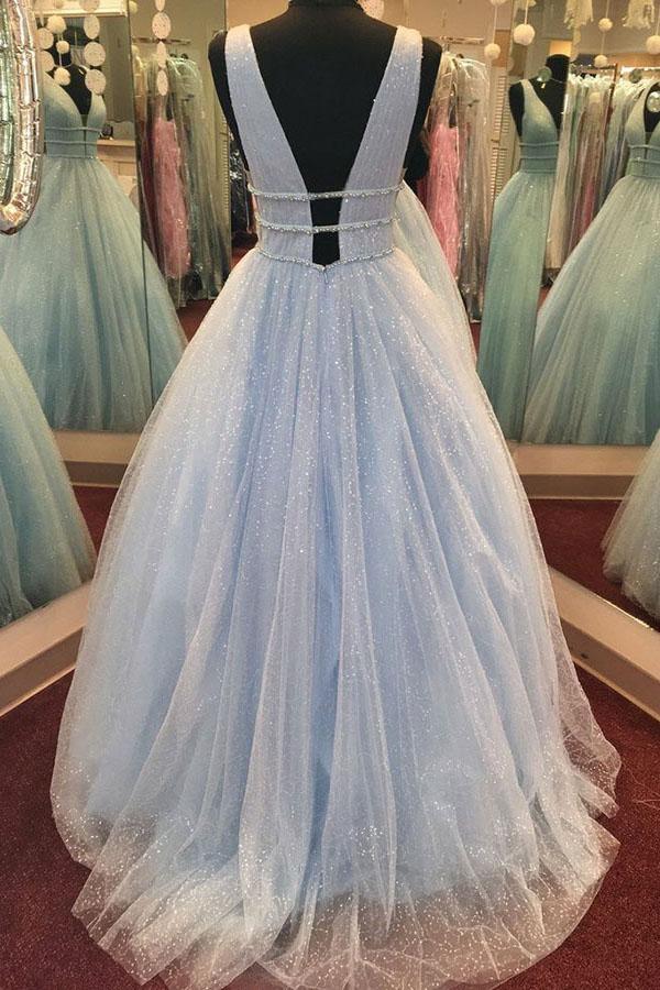 A-Line Deep V-Neck Sweep Train Pink Tulle Backless Prom Dress with Beading PG878 - Pgmdress